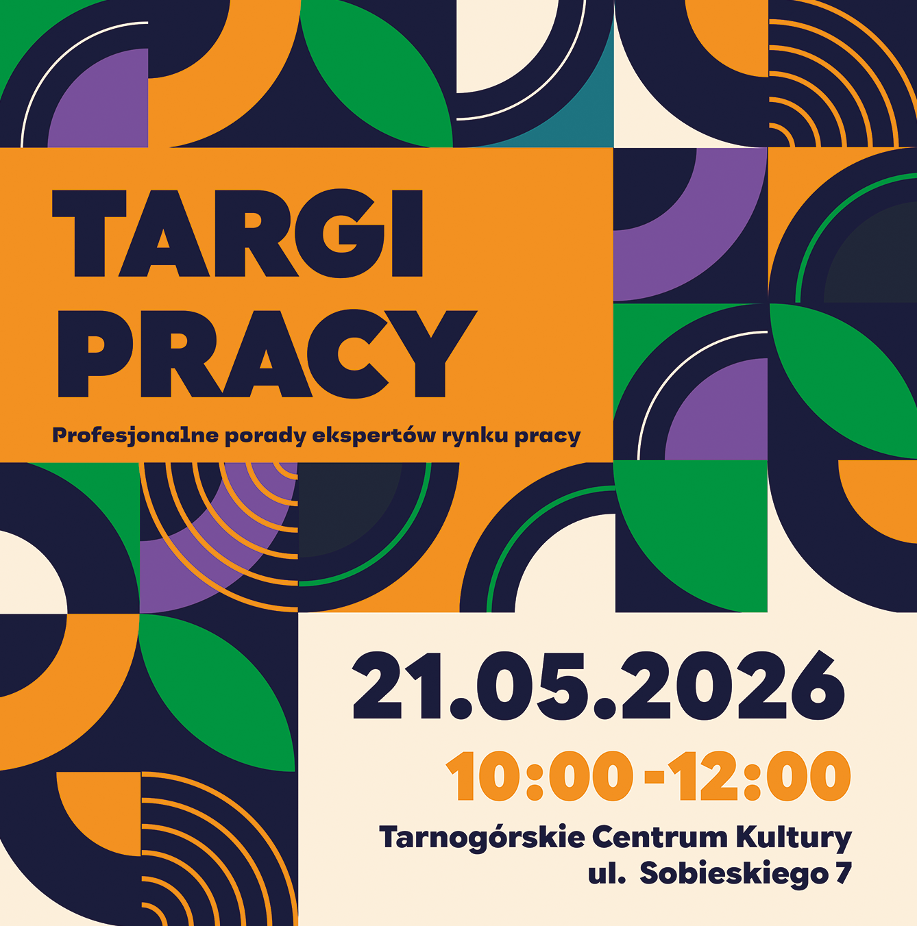 Zaproszenie na Targi Pracy organizowane przez PUP Tarnowskie Góry w dniu 21 maja 2026 r. w Tarnogórskim Centrum Kultury, ul. Sobieskiego 5, w godz. 10-12