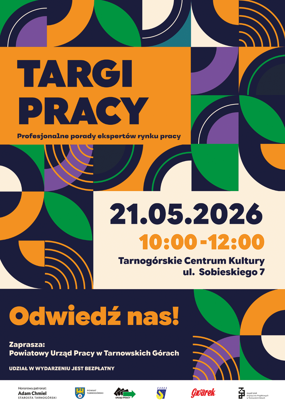 Plakat dotyczący organizowanych targów pracy z informacjami na temat daty, miejsca i godzin wydarzenia.